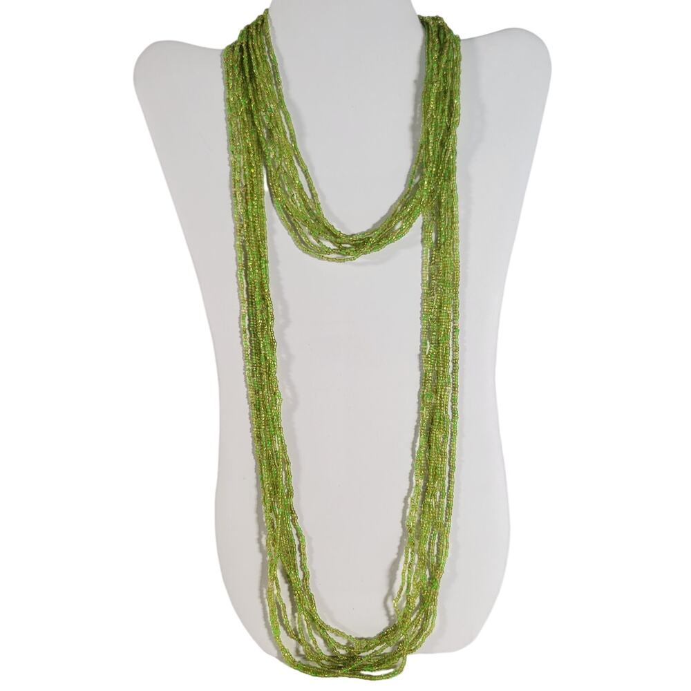 48" Long Lime Green Seed Bead Necklace Boho Multistrand India Handmade NEW